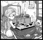  ass bad_anatomy braid cammy_white chopsticks drill_hair dudou eating figure food garrison_cap greyscale halter_top halterneck han_juri hat hiroyoshi_kira ken_masters leotard long_hair mochi monochrome multiple_girls sagat sleeping street_fighter street_fighter_iv_(series) television thong_leotard translated twin_braids twin_drills wagashi 