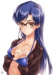  bespectacled bikini_top blue_hair blush breast_conscious flat_chest glasses hands_on_own_chest idolmaster idolmaster_(classic) kisaragi_chihaya long_hair self_fondle solo yamo_(rephact) yellow_eyes 