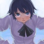  blue_eyes blue_hair blue_sky bukimi_isan day face glasses hakamichi_shizune hands_on_hips katawa_shoujo lips looking_at_viewer puffy_sleeves school_uniform scowl shirt sky solo 