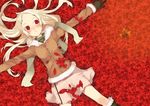  autumn_leaves blonde_hair haruse_hiroki lying on_back original outstretched_arms red_eyes scarf skirt solo spread_arms 