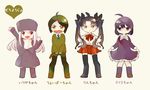  3girls ahoge blue_eyes boots brown_hair chibi child coat curtsey dress fate/zero fate_(series) green_eyes green_hair hagiko hair_ribbon hat heart illyasviel_von_einzbern long_hair matou_sakura multiple_girls necktie odd_one_out pants pout purple_eyes purple_footwear purple_hair purple_hat red_eyes ribbon scarf socks thighhighs toosaka_rin translated twintails waver_velvet white_hair white_scarf younger 