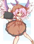  bow breasts cleavage colorized dress fang frilled_dress frills hat highres katsudansou kousa_(black_tea) microphone mystia_lorelei outstretched_arm outstretched_hand shoes short_hair small_breasts smile solo touhou vest wings 