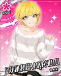  artist_request blonde_hair card_(medium) character_name flower flower_(symbol) fur green_eyes idolmaster idolmaster_cinderella_girls miyamoto_frederica official_art pink_background short_hair smile solo sparkle star 