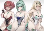 3girls absurdres bare_shoulders blonde_hair blush breasts chascoby chest_jewel cleavage collarbone cowboy_shot earrings green_eyes green_hair group_picture high_ponytail highres horns jewelry large_breasts long_hair multiple_girls mythra_(xenoblade) one-piece_swimsuit pneuma_(xenoblade) ponytail pyra_(xenoblade) red_one-piece_swimsuit short_hair simple_background single_horn strapless strapless_one-piece_swimsuit swimsuit tiara white_background white_one-piece_swimsuit xenoblade_chronicles_(series) xenoblade_chronicles_2 yellow_eyes 