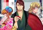  2boys ? alternate_hairstyle asa_no_ha_(pattern) barnaby_brooks_jr blonde_hair blue_flower blue_rose blush brown_eyes brown_hair facial_hair floral_print flower glasses green_eyes hair_flower hair_ornament hair_ribbon hexagon japanese_clothes kaburagi_t_kotetsu karina_lyle kimono mikki-mikki multiple_boys ribbon rimless_eyewear rose shippou_(pattern) short_hair stubble sweatdrop tiger_&amp;_bunny 