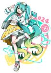  1girl 39 2024 :d ;d bag beamed_eighth_notes blonde_hair blue_eyes blue_hair bow bowtie commentary_request flag frilled_skirt frills full_body gradient_hair grey_hat hands_up hat hatsune_miku highres holding holding_flag long_hair long_sleeves looking_at_viewer magical_mirai_(vocaloid) magical_mirai_miku magical_mirai_miku_(2024) multicolored_hair multicolored_hat musical_note one_eye_closed open_mouth pink_bow pink_bowtie plaid_hat pleated_skirt shoes shorts simple_background skirt smile sneakers socks solo standing standing_on_one_leg striped_bow striped_bowtie striped_clothes swept_bangs twintails tyi0904 very_long_hair vocaloid white_background white_hat white_shoes white_shorts white_socks yellow_skirt 
