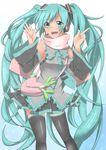  aqua_eyes aqua_hair bag colorized detached_sleeves hatsune_miku headphones headset highres long_hair looking_at_viewer necktie open_mouth pink_scarf scarf skirt smile solo spring_onion thighhighs twintails umn_(umeneko) very_long_hair vocaloid zettai_ryouiki 