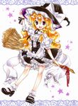  1girl apron arm_up black_dress blonde_hair blush braid broom dress female hat hat_ribbon kirisame_marisa long_hair mary_janes memeo_(candy_house) open_mouth red_eyes ribbon shoes smile solo touhou traditional_media witch witch_hat 