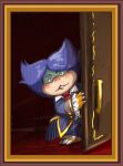 anthro black_eyes blue_eyebrows blue_hair blue_uniform eyebrows fangs hair hand_on_door hi_res koopa koopaling looking_at_viewer lsampa6mlwoadn7 ludwig_von_koopa male mario_bros nintendo red_neckwear scalie solo teeth