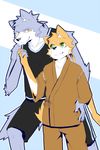  canine clothing duo fox green_eyes hand_holding male mammal silverio simple_background wolf yellow_eyes 