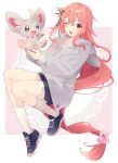  1girl alternate_costume black_footwear black_shorts commission creature crescent crescent_hair_ornament crossover grey_sweater hair_ornament highres hood hooded_sweater kantai_collection long_hair low-tied_long_hair minccino pink_hair pokemon pokemon_(creature) rabbit_hair_ornament red_eyes shakemi_(sake_mgmgmg) shorts skeb_commission socks sweater uzuki_(kancolle) white_socks 