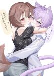  2girls ;3 absurdres ahoge ai_(u_e_o_o) animal_ear_fluff animal_ears animal_print arms_around_neck black_shirt blue_shorts blush bone_print brown_eyes brown_hair cat_ears cat_girl cat_tail cheek-to-cheek clothing_cutout collared_shirt commentary_request crossed_bangs denim denim_shorts dog_ears dog_girl dog_print dog_tail double-parted_bangs dress_shirt hair_between_eyes hair_over_shoulder heads_together highres hololive hug inugami_korone inugami_korone_(loungewear) long_hair long_sleeves looking_at_viewer messy_hair multiple_girls nekomata_okayu nekomata_okayu_(oversized_shirt) no_pants official_alternate_costume one_eye_closed pout print_shirt purple_eyes purple_hair shirt short_hair shorts shoulder_cutout simple_background single_off_shoulder t-shirt tail tail_through_clothes tail_wagging translation_request white_background white_shirt 