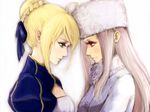  ahoge artoria_pendragon_(all) bad_id bad_pixiv_id blonde_hair dress eye_contact face-to-face fate/zero fate_(series) forehead-to-forehead fur_hat green_eyes hair_ribbon hat highres irisviel_von_einzbern long_hair looking_at_another multiple_girls profile puffy_sleeves red_eyes ribbon ririko_deluxe saber white_hair 