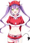  1girl absurdres alternate_costume bibi_(tokoyami_towa) breasts capelet commentary ear_piercing fur-trimmed_capelet fur_trim green_eyes hair_ornament hairpin highres hololive kishishi_(kishiman-ya) long_hair looking_at_viewer multicolored_hair navel open_mouth piercing pink_hair purple_hair red_cat red_shorts santa_costume shorts small_breasts streaked_hair tail tail_ornament tail_piercing teeth thigh_strap tokoyami_towa twintails upper_teeth_only very_long_hair virtual_youtuber white_background 