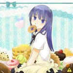  akuhaku apron bad_id bad_pixiv_id black_hair blue_eyes cookie doughnut food long_hair mouth_hold pancake solo working!! yamada_aoi 