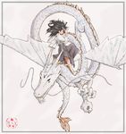 black_hair brown_eyes dragon eastern_dragon highres iro_(waterloafer) japanese_clothes long_hair md5_mismatch miko original sandals skirt smile solo tabi torn_clothes white white_background 