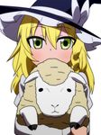  akeome animal blonde_hair bow braid carrying face green_eyes hair_between_eyes happy_new_year hat hat_bow jeno kirisame_marisa long_sleeves looking_at_viewer new_year pun sheep simple_background single_braid solo touhou upper_body white_background white_bow witch witch_hat 