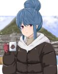  1girl aysellost blue_hair brown_jacket commentary cup down_jacket gloves hair_between_eyes hair_bun holding holding_cup hood hooded_sweater jacket long_hair long_sleeves looking_at_viewer mug purple_eyes red_gloves shima_rin sidelocks single_hair_bun solo sweater teeth turtleneck turtleneck_sweater twitter_username upper_teeth_only yurucamp 