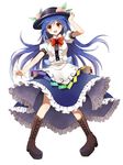  :d blue_hair boots bow cross-laced_footwear dress food frilled_dress frills fruit full_body hand_on_headwear hat highres hinanawi_tenshi lace-up_boots long_hair looking_at_viewer mauve open_mouth peach simple_background smile solo touhou white_background yellow_eyes 