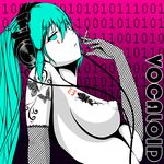  aqua_eyes aqua_hair bad_id bad_pixiv_id binary breasts cigarette fishnet_gloves fishnets gloves hatsune_miku headphones highres large_breasts long_hair michitose_michiru nipples nude solo tattoo upper_body vocaloid white_skin 