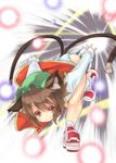  animal_ears bad_id bad_pixiv_id brown_eyes brown_hair cat_ears cat_tail chen danmaku multiple_tails panties red_eyes running short_hair smile solo striped striped_panties tail toono_yayoi touhou underwear 