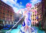  aria boat canal flag floating_island gondola hair_tubes hat mamoru_(mamoru_jinja) mizunashi_akari neo-venezia oar pink_hair plant sidelocks smile solo standing water watercraft 