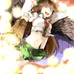  arm_cannon bad_id bad_pixiv_id brown_hair burnt_clothes from_below midriff navel reiuji_utsuho shuang9705 skirt solo touhou weapon 