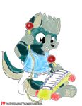 abuniverse ageplay anthro blue_clothing blue_shirt blue_topwear canid canine canis child_toy clothed clothing daz95 diaper fangscrayonbox fur green_body green_fur green_kerchief green_tail holding_object kerchief little_kings male male/male mammal markings musical_instrument patreon paws percussion_instrument playing_with_toys raised_arm roleplay shirt sitting sitting_on_ground sky_(daz95) solo striped_markings stripes t-shirt tail text topwear url wearing_diaper wolf xylophone