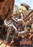  black_legwear blonde_hair boots bow_(instrument) brown_eyes dutch_angle fifiruu hat instrument looking_back lowres lunasa_prismriver pantyhose road shirt short_hair skirt skirt_set solo street touhou town vanishing_point violin 