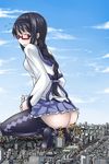  1girl akemi_homura ass black_hair black_legwear blue_eyes blue_sky braid city cloud day giantess glasses hairband highres kyubey long_hair mahou_shoujo_madoka_magica no_panties open_mouth pantyhose pantyhose_pull poop scat school_uniform shirt skirt sky solo terada_ochiko 