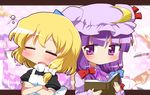  apron ayu_(iyokanya) bad_id bad_pixiv_id black_dress blonde_hair blush book chibi closed_eyes crescent dress hair_ribbon hat kirisame_marisa multiple_girls no_hat no_headwear open_mouth patchouli_knowledge pink_dress purple_eyes purple_hair ribbon touhou zoom_layer 