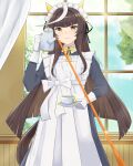  1girl absurdres alternate_costume animal_ears apron aysellost black_dress black_hair blunt_bangs bow bowtie calstone_light_o_(umamusume) commentary cup curtains dress ear_covers enmaided gloves highres hime_cut holding holding_kettle holding_saucer horse_ears horse_girl indoors kettle long_hair long_sleeves looking_at_viewer maid maid_apron maid_headdress saucer smile solo striped_hair tea teacup twitter_username umamusume white_apron white_gloves white_hair yellow_bow yellow_bowtie yellow_eyes you&#039;re_doing_it_wrong 