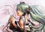  android aqua_eyes aqua_hair detached_sleeves dnlin hatsune_miku headphones long_hair looking_at_viewer microphone microphone_stand music open_mouth singing solo twintails vintage_microphone vocaloid 