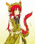  alternate_eye_color antlers bow braid chinese_clothes dragon_girl dragon_tail fangs green_eyes hair_ribbon hat hong_meiling kemonomimi_mode long_hair monster_girl open_mouth pointy_ears red_hair ribbon shirt side_slit skirt solo star tail touhou twin_braids very_long_hair vest yuuta_(monochrome) 