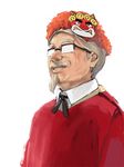  colonel_sanders cosplay facial_hair formal glasses goatee grey_hair kfc kuroko_(piii) male_focus manly_tears mask mustache necktie old_man oni red_oni red_oni_(costume) setsubun simple_background smile solo stubble sweater tears upper_body white_background 