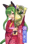  ;d bad_id bad_pixiv_id bow dragon eastern_dragon floral_print green_hair hagoita hair_bow hair_ornament japanese_clothes kimono long_hair new_year obi one_eye_closed open_mouth original paddle red_eyes sash seigaiha simple_background smile solo sumith very_long_hair white_background 