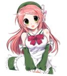  1girl apron arm_tattoo bare_shoulders beret blush bow bowtie breasts cowboy_shot detached_sleeves dress green_eyes green_hair green_sleeves hair_ornament hairclip hat headphones highres large_breasts long_hair long_sleeves looking_at_viewer momone_momo open_mouth pink_hair red_bow red_bowtie red_tattoo shoulder_tattoo simple_background solo tattoo utau waist_apron wbpyq white_background 