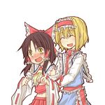  :d ^_^ alice_margatroid alternate_eye_color blonde_hair blush bow brown_hair capelet closed_eyes frills from_behind hair_bow hair_tubes hairband hakurei_reimu large_bow multiple_girls natsuk open_mouth slit_pupils smile touhou yellow_eyes 