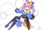  animal_ears bare_shoulders binsen bow breasts cleavage detached_sleeves fate/extra fate_(series) fox_ears fox_tail hair_bow hair_ribbon highres japanese_clothes medium_breasts pink_hair ribbon smile solo tail tamamo_(fate)_(all) tamamo_no_mae_(fate) thighhighs twintails yellow_eyes 