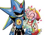  1boy 1girl :d amy_rose amy_rose_(chef) animal_nose apron black_sclera bracelet closed_eyes colored_sclera dress furry furry_female furry_male gloves gold_bracelet heart hedgehog_girl hetero highres humanoid_robot jewelry looking_at_another metal_sonic neo_metal_sonic open_mouth pink_fur pink_hair red_apron red_dress red_eyes red_headscarf robot simple_background smile sonic_(series) sonic_speed_simulator sonic_the_hedgehog_(idw) spikes standing upper_body white_background white_gloves xue_gin 
