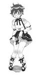  1boy androgynous blush crossdressing dress dress_lift erection highres looking_at_viewer maid_dress male_focus monochrome no_panties open_mouth penis penis_ribbon ribbon short_hair simple_background solo sweat trap 