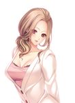  1girl blonde_hair blush breasts cleavage female jacket large_breasts long_hair makeup momoi_komomo original ponytail red_eyes side_ponytail smile solo 