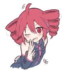  1girl ahoge arm_behind_back arm_tattoo bare_shoulders black_shirt black_skirt blush breast_pocket buttons closed_mouth collared_shirt cropped_torso detached_sleeves double-parted_bangs drill_hair flat_chest hair_between_eyes highres kasane_teto long_sleeves number_tattoo pocket red_eyes red_hair red_tattoo shira_461 shirt shoulder_tattoo simple_background skirt sleeveless sleeveless_shirt solo tattoo twin_drills utau white_background wing_collar 