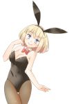  1girl alice_margatroid alternate_costume animal_ears arnest bangs bare_arms bare_shoulders black_hairband blonde_hair blue_eyes blush bow bowtie breasts brown_legwear bunny_ears bunnysuit cleavage commentary_request covered_navel cowboy_shot detached_collar eyebrows_visible_through_hair fake_animal_ears hairband hand_up large_breasts looking_at_viewer pantyhose red_bow red_neckwear short_hair simple_background smile solo standing thighs touhou white_background wing_collar 