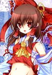  2012 ascot bandages bow brown_eyes brown_hair detached_sleeves floral_print groin hair_bow hair_tubes hakurei_reimu maru_itsuki midriff navel new_year open_mouth sarashi shirt smile solo touhou upper_body 