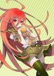  absurdres alastor_(shakugan_no_shana) bread food gradient_hair highres jewelry long_hair melon_bread monmon_(monx) multicolored_hair pendant red_eyes red_hair school_uniform serafuku shakugan_no_shana shana thighhighs 