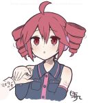  1girl 1other ahoge arm_tattoo breast_pocket collared_shirt double-parted_bangs drill_hair hair_between_eyes holding holding_hands kasane_teto number_tattoo open_mouth pocket red_eyes red_hair red_tattoo shira_461 shirt simple_background solo_focus tattoo twin_drills utau white_background wing_collar 