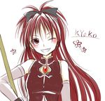  blush character_name hisui_suzuhana long_hair magical_girl mahou_shoujo_madoka_magica one_eye_closed red_eyes red_hair sakura_kyouko solo 