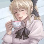  blonde_hair bow bukimi_isan closed_eyes cup eyelashes face hair_bow katawa_shoujo lips long_hair nose puffy_sleeves satou_lilly school_uniform solo teacup 