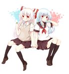  alternate_costume black_legwear blue_hair bow digital_media_player earphones fujiwara_no_mokou haikichi hair_bow hand_on_ear highres holding_hands kamishirasawa_keine kneehighs loafers long_hair multiple_girls musical_note pleated_skirt red_eyes school_uniform serafuku shared_earphones shoes silver_hair simple_background sitting skirt smile sweater_vest touhou 